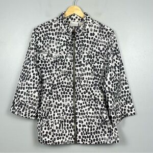 Zenergy by Chico’s white black gray abstract spot 3/4 sleeve rain jacket, large.